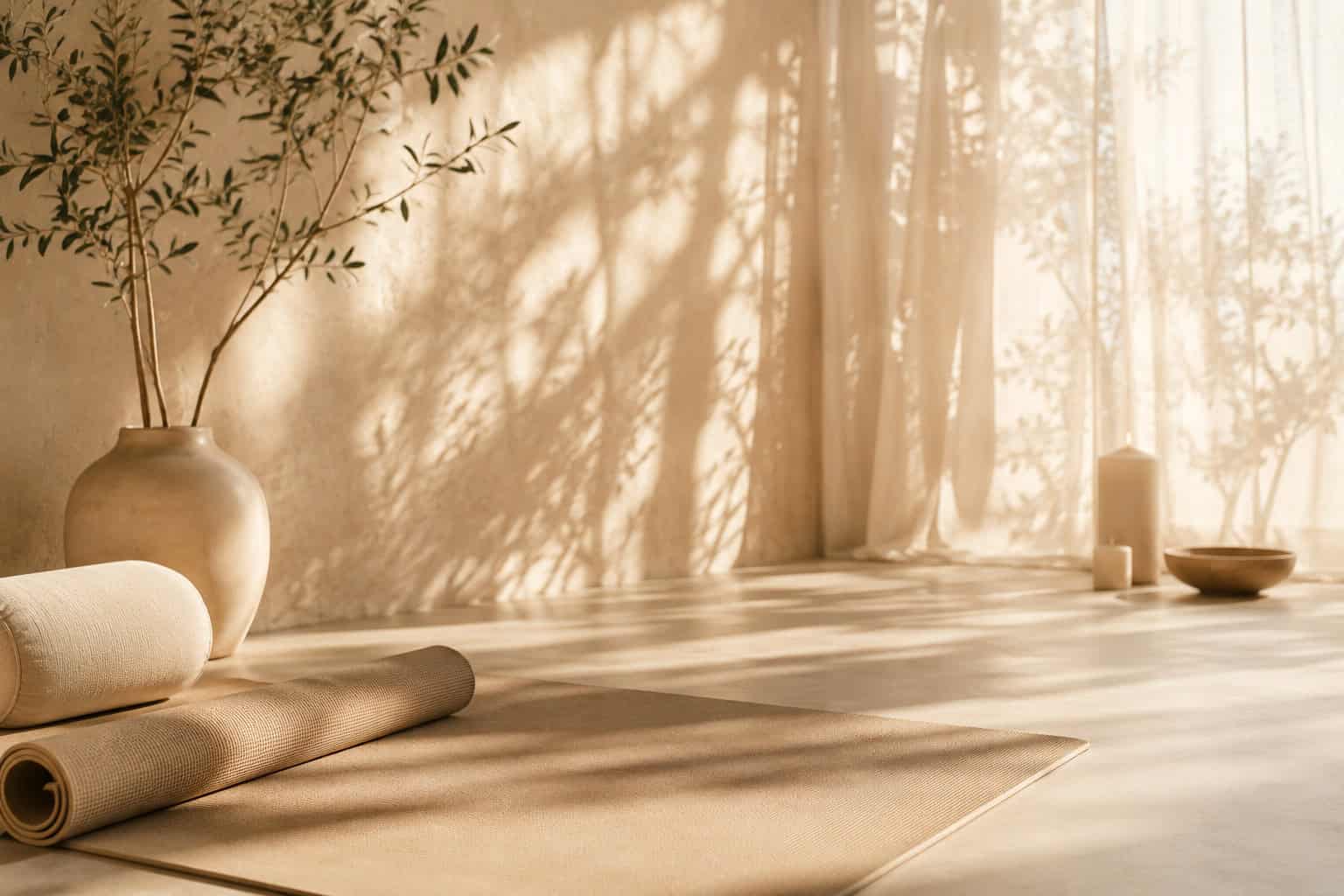 Heller Yoga Raum mit Naturlicht, Yoga Matten und Pflanzen.