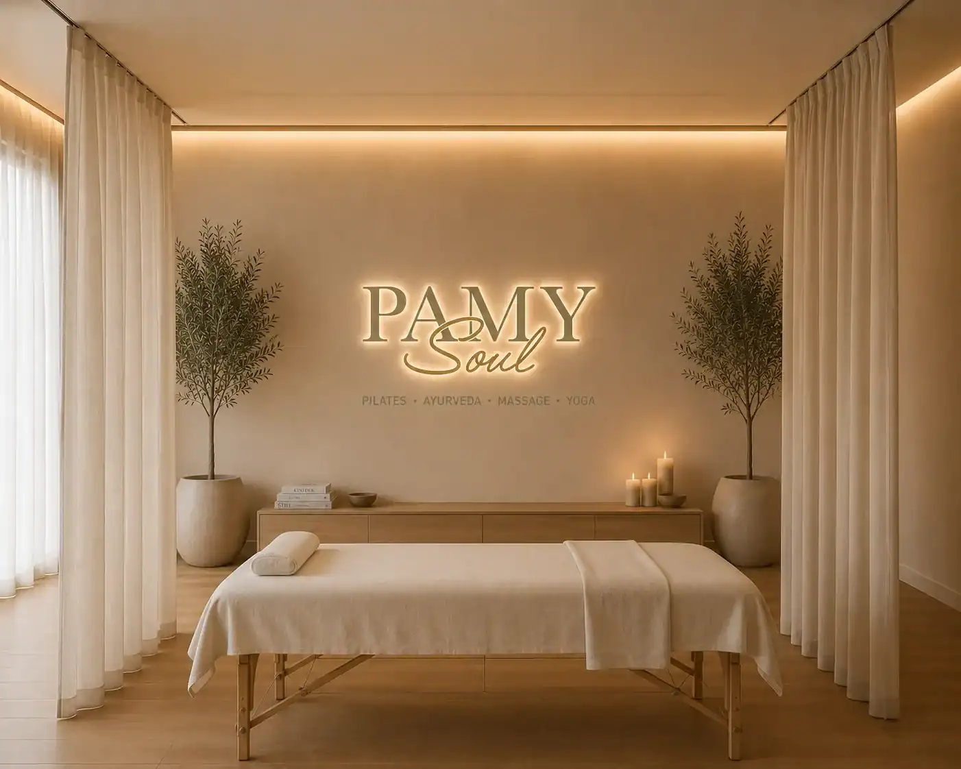 Entspannender Spa-Behandlungsraum bei PAMY Soul mit Massagebett und Kerzen.