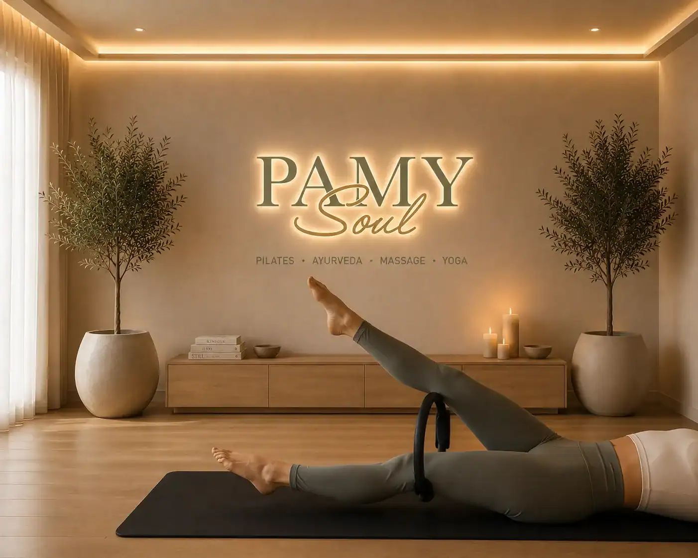 Entspannende Yoga-Übung in einem stilvollen Wellnessstudio bei PAMY Soul.