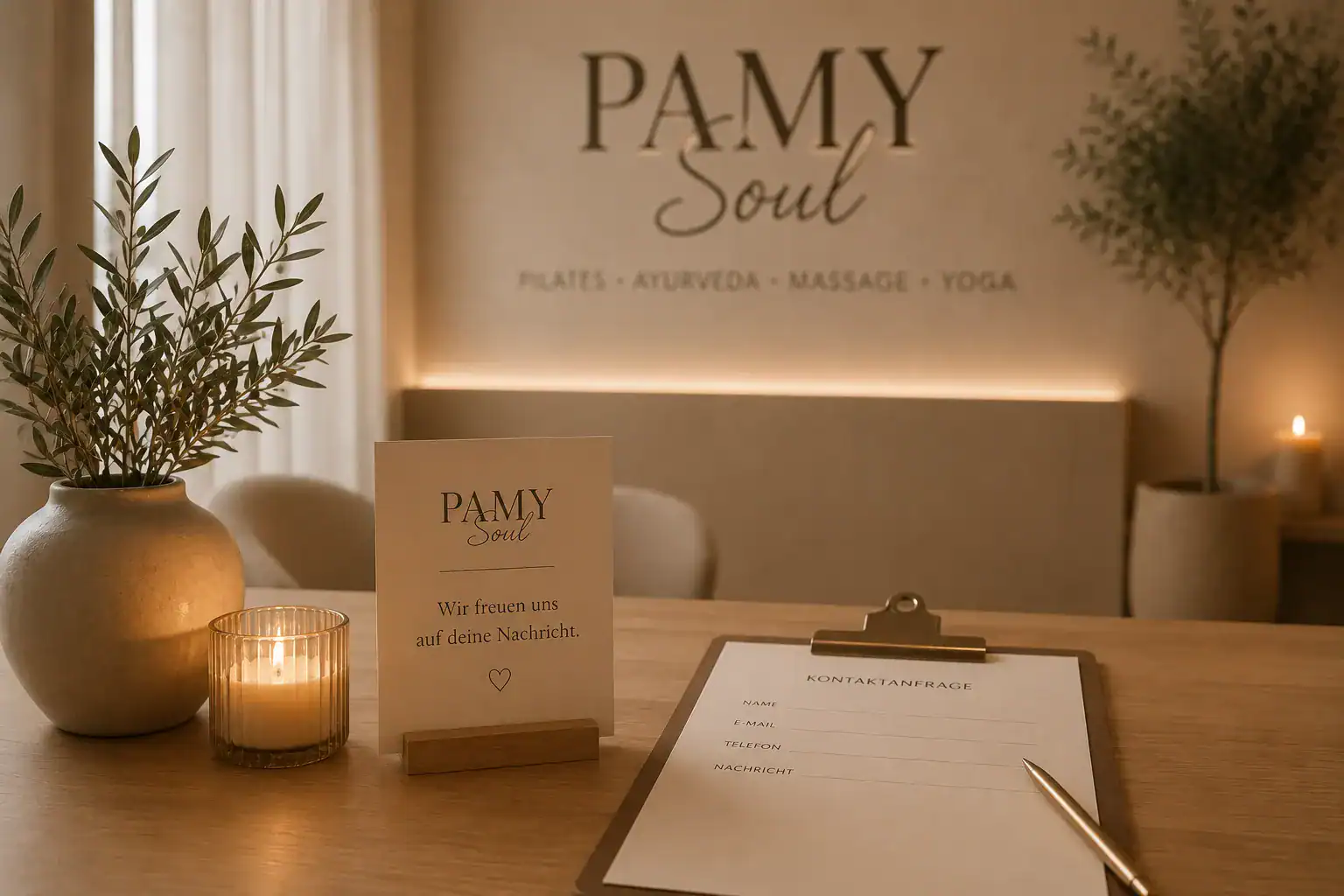 Gemütliche Wellness- und Massagepraxis mit Kerzen und Pflanzen.