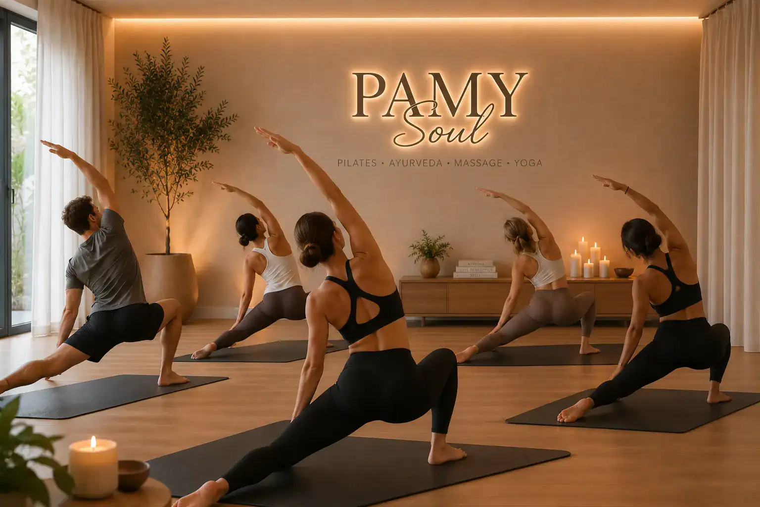 Yoga-Kurs bei PAMY Soul mit Teilnehmern in Balancehaltung.